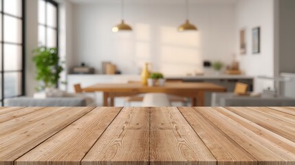 wooden table in front of a modern kitchen interior, with a focus on its natural wood grain and textures. The kitchen's design includes a dining table and some windows.