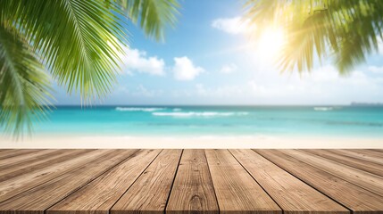 tropical scene with a wooden deck overlooking a serene beach. Palm fronds frame the view, with the sun shining brightly on the clear blue water