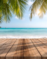 a tropical beach scene with a wooden table in the foreground, perfect for adding text. The turquoise ocean stretches out to the horizon, and palm trees cast shadows