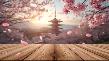 scenic view of a temple with cherry blossoms with a wood foreground