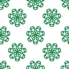 Green geometric snowflake pattern on a white background, creating a seamless decorative winter-inspired design for textiles, wallpapers, and holiday themes.