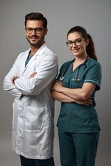 Portrait of two medical professionals, a doctor and a nurse, standing together confidently, both are looking at the camera with a reassuring expression