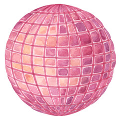 Cute Pink Disco Ball, Retro Party Decor Illustration. 70s Disco Party Ornament for New Year Celebration, Music Night or Birthday. Watercolor illustration.