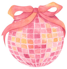 Cute Pink Disco Ball with Bow, Coquette Mirror Ball with Ribbon, Retro Party Decor Illustration. 70s Disco Party Ornament for New Year Celebration, Music Night or Birthday. Watercolor illustration.