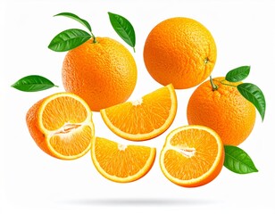 Floating harmony of oranges, slices and leaves