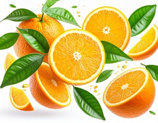 Floating harmony of oranges, slices and leaves
