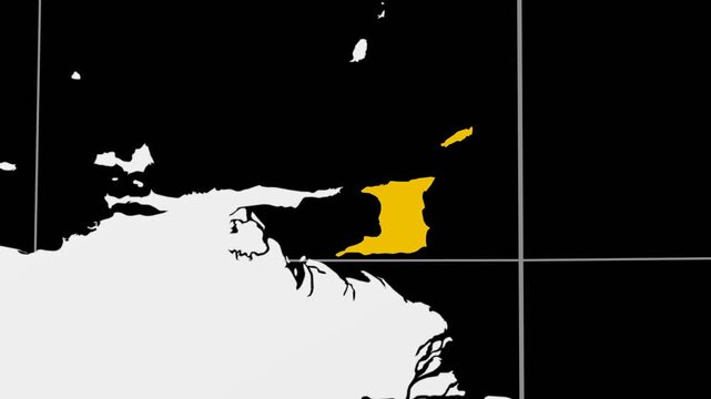 Trinidad and Tobago map. Animated zoom into the country on the Globe in Black White color palette. Country logo animation. Map with meridians, parallels. Classic video.