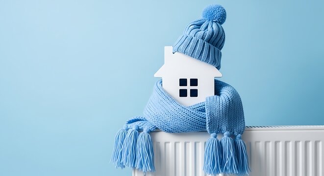 House model in winter hat and scarf on radiator, isolated on white background