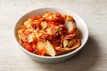 Emping Balado, Spicy Snacks from West Sumatra. Made from melinjo crackers, it's crunchy and sweet and spicy.