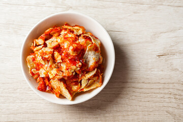 Emping Balado, Spicy Snacks from West Sumatra. Made from melinjo crackers, it's crunchy and sweet and spicy.