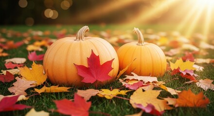 Two pumpkins and colorful autumn leaves on green grass outdoors glowing in warm sunlight