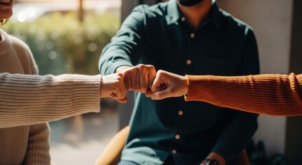 Three people doing a fist bump indoors showing teamwork and unity in a bright room