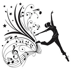 Fototapeta premium Dancing silhouette radiating energy with music notes and stars in dynamic motion