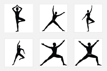 Warrior pose, triangle pose, cow pose yoga exercise silhouette vector art illustration
