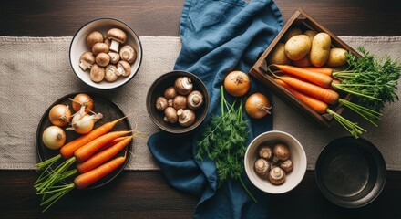 Fresh vegetables, mushrooms, carrots, onions, and potatoes arranged on a wooden kitchen table
