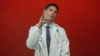 Man doctor wearing white coat and tie with closed eyes pointing finger with stethoscope in red studio; confidence.