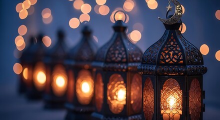 Ramadan lanterns glowing with warm light in the dark, festive background