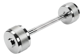 Shiny metal dumbbell for weightlifting and bodybuilding workout on a transparent background