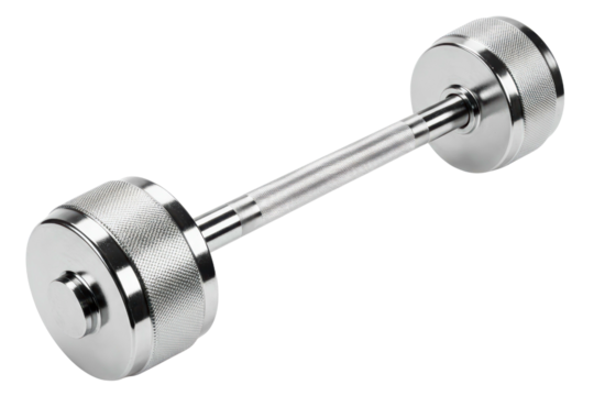 Shiny metal dumbbell for weightlifting and bodybuilding workout on a transparent background