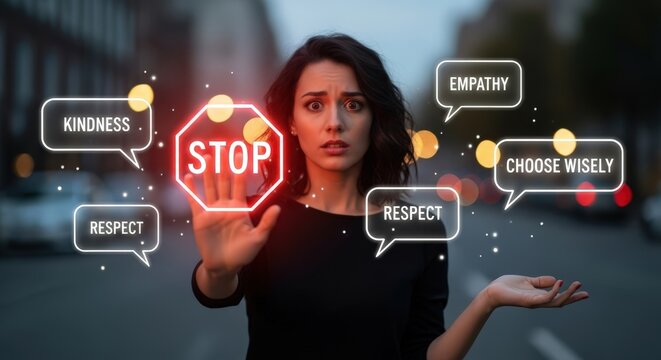 Woman showing a glowing stop sign promoting values like kindness respect empathy on a city street at night