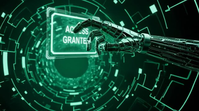 Access granted concept with digital robotic hand activating access granted button, signaling data entry success. Access granted with futuristic glowing hand design conveys security confirmation.