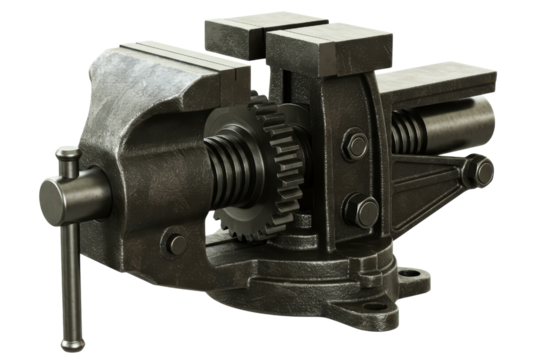 Heavy-duty bench vise clamping metal gear for workshop tasks on a transparent background