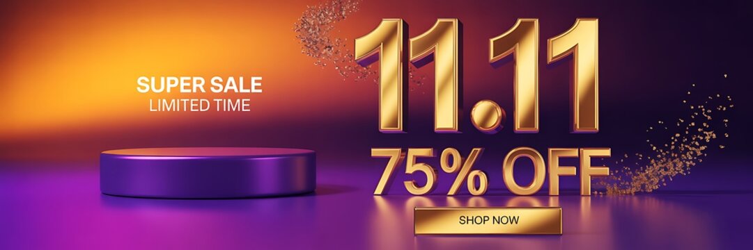 Dynamic 1111 super sale banner with 75 off, showcasing a purple display stand and sparkling confetti, ideal for ecommerce marketing and online retail campaigns