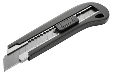 Black retractable utility knife with snap-off blade for cutting on a transparent background