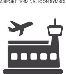 Flat airport terminal icon with a Plane and Control Tower. simple silhouette of airplane, control tower, and building, symbol for aviation, travel, flight, transportation, and air transport services