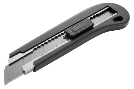 Black retractable utility knife with snap-off blade for cutting on a transparent background