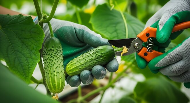 Gardener pruning cucumber plant with garden pruner in greenhouse, closeup view