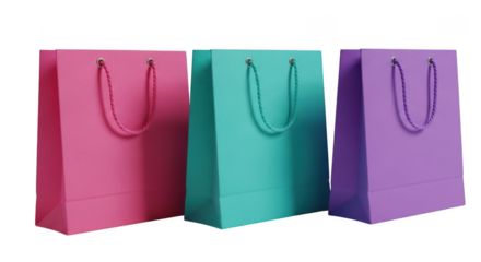 Three colorful gift bags isolated on transparent background