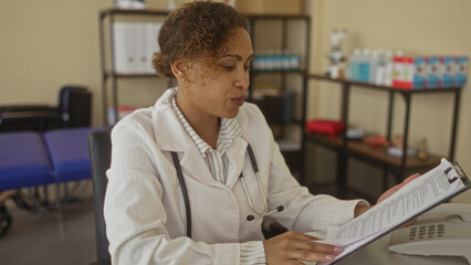 Woman doctor with stethoscope holding a clipboard and reading a patient form at a clinic desk,...