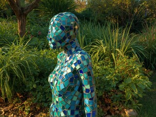 Stunning mosaic sculpture of a human figure in a lush green garden at golden hour