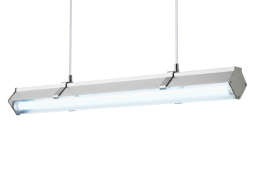 Industrial pendant fluorescent tube light fixture for ceilings on a transparent background