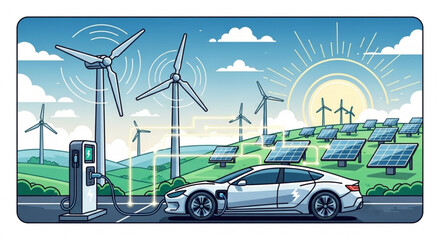 Electric car charging at station with wind turbines and solar panels in the background landscape view created with generated ai