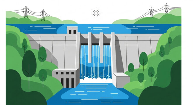 Illustration of a hydroelectric dam with water flowing and power lines in the background scene view created with generated ai