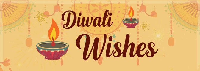 Vector template horizontal  banner of a Diwali festival  with a vibrant flat design, featuring colorful diyas, fireworks, and traditional Indian motifs,