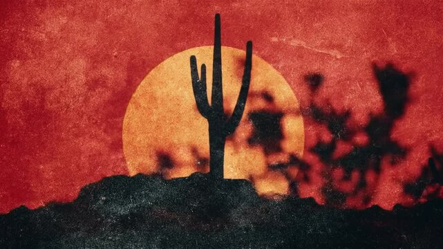 Desert sunset silhouette cactus and sun against red sky nature landscape concept