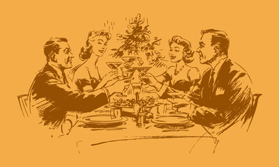 Vintage Christmas dinner toast illustration with elegant couples celebrating holidays. Retro sketchy hand drawn engraving artwork.