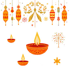 A vibrant  illustration of Diwali festival elements in a flat design style, featuring intricate patterns and shapes, with a warm with png Transparent 