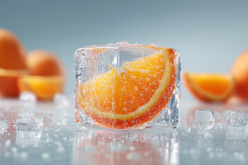 A fresh orange slice frozen inside a clear ice cube