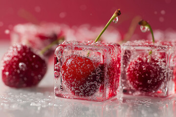 A fresh cherries frozen inside a clear ice cube