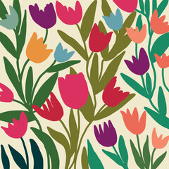 Vibrant and colorful abstract floral pattern with blooming tulips and green leaves.