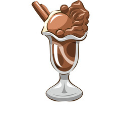 Chocolate Ice Cream Sundae Dessert with Cinnamon Sticks and Whipped Cream in a Tall Glass Dish Transparent Background