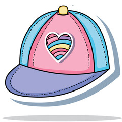 Children's Pastel Pink Blue And Purple Baseball Cap With A Colorful Heart Patch Detailed Stitching And A Yellow Button On Top Isolated On White Background