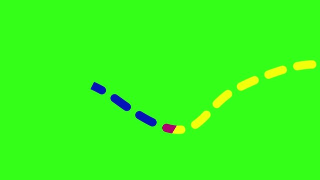 An animated colorful dashed line draws a wavy path on a green screen. This seamless, looping chroma key element is perfect for fun, creative video projects.