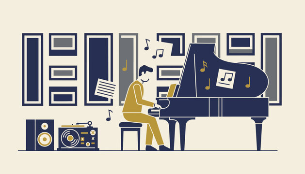 Man musician playing jazz on a grand piano in a cozy studio with vintage record player and speakers, surrounded by floating musical notes and framed artwork