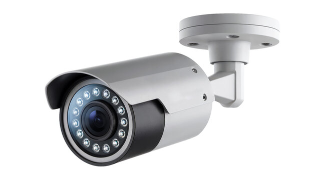 Modern CCTV security camera for crime prevention and monitoring, perfect for safety and surveillance systems, home security, and business protection isolated on white or transparent png.