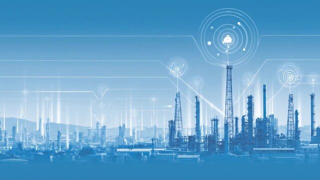 Digitally enhanced industrial complex illustration depicting technology integration and smart processes